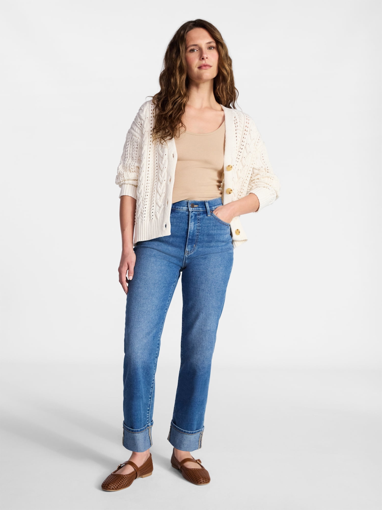 Time and Tru Women's Cable Knit Cardigan Sweater with Long Sleeves, Lightweight, Sizes XS-XXXL