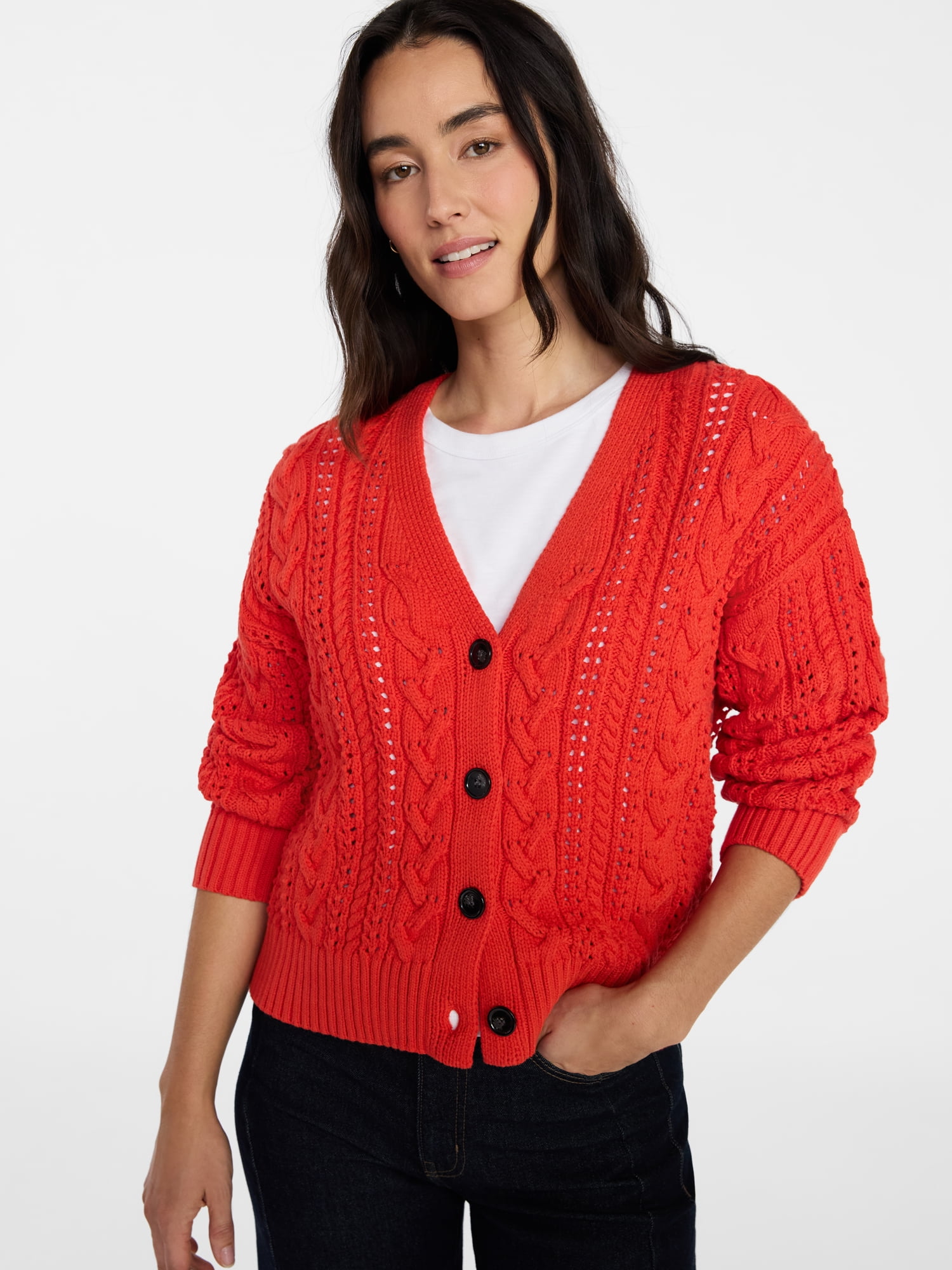 Time and Tru Women's Cable Knit Cardigan Sweater with Long Sleeves, Lightweight, Sizes XS-XXXL
