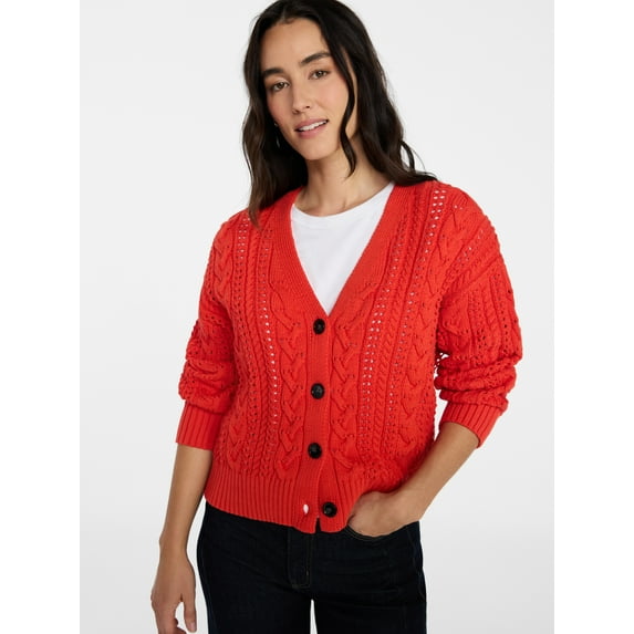 Time and Tru Women's Cable Knit Cardigan Sweater with Long Sleeves, Lightweight, Sizes XS-XXXL