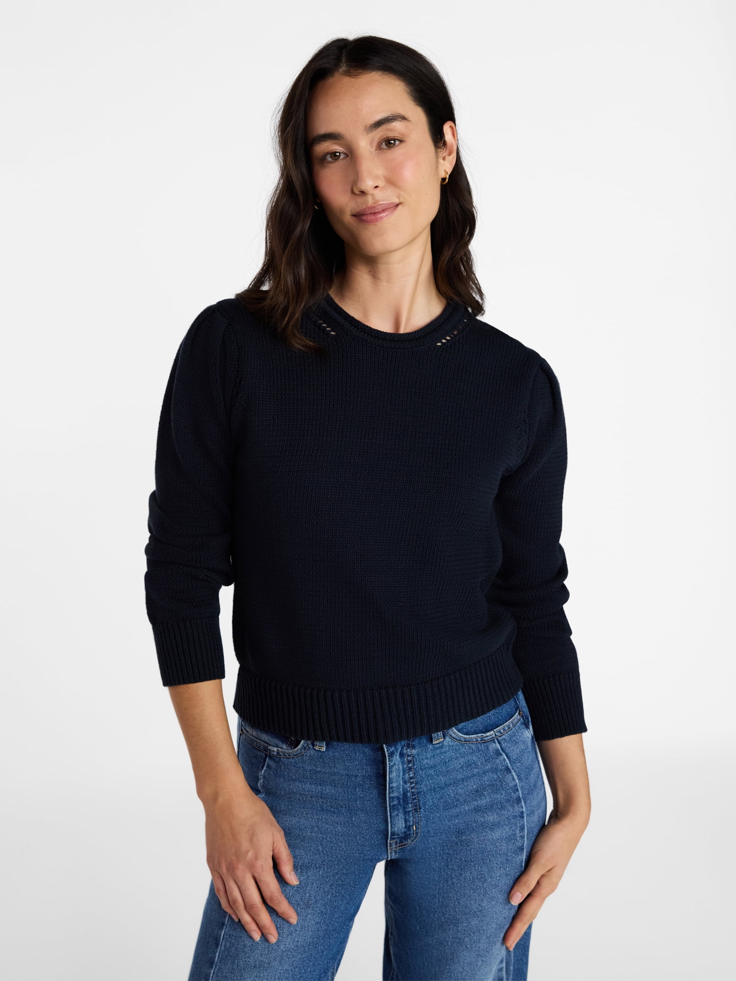 Time and Tru Women's Crewneck Sweater with Long Puff Sleeves, Lightweight, Sizes XS-XXXL