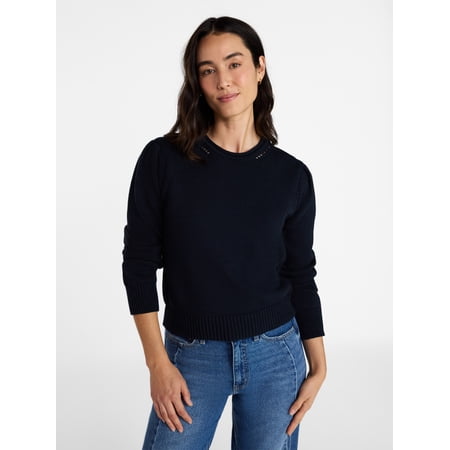Time and Tru Women's Crewneck Sweater with Long Puff Sleeves, Lightweight, Sizes XS-XXXL