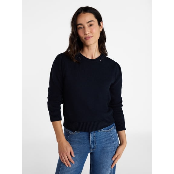 Time and Tru Women's Crewneck Sweater with Long Puff Sleeves, Lightweight, Sizes XS-XXXL