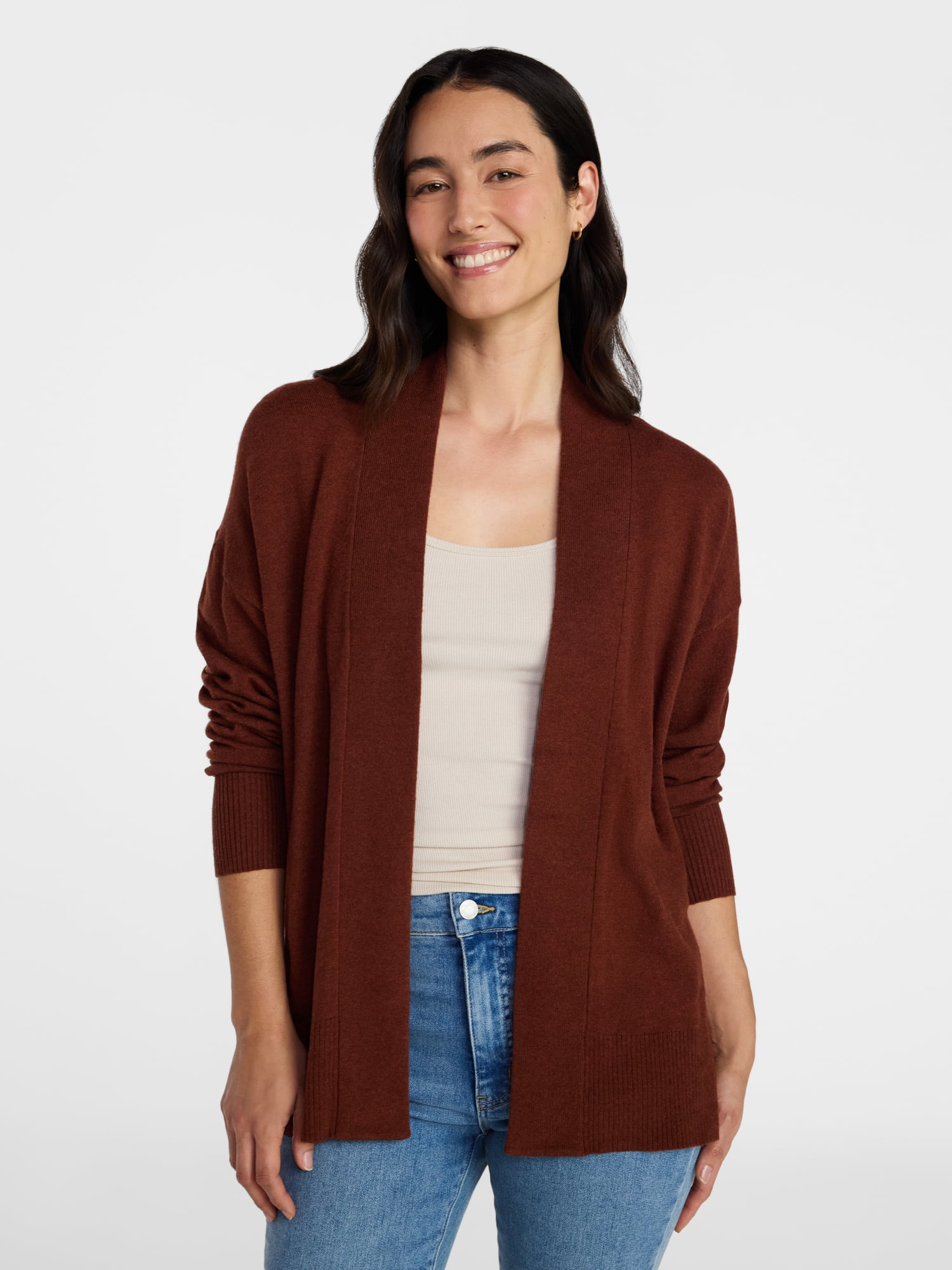 Time and Tru Women's and Women’s Plus Open Front Cardigan Sweater with Long Sleeves, Lightweight, Sizes XS-4X