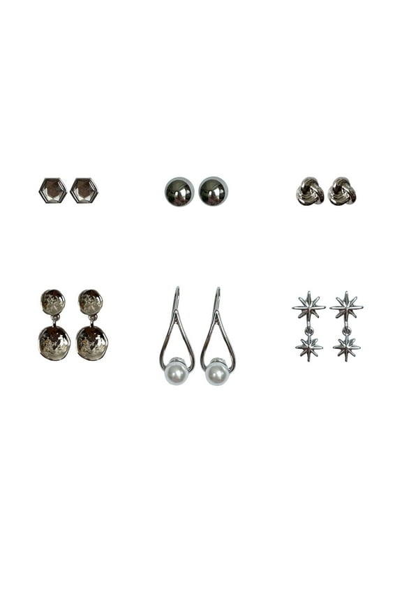 Women's Silver Rhodium Organic Stone Earrings on Ornament Shaped Card, 6 Pack