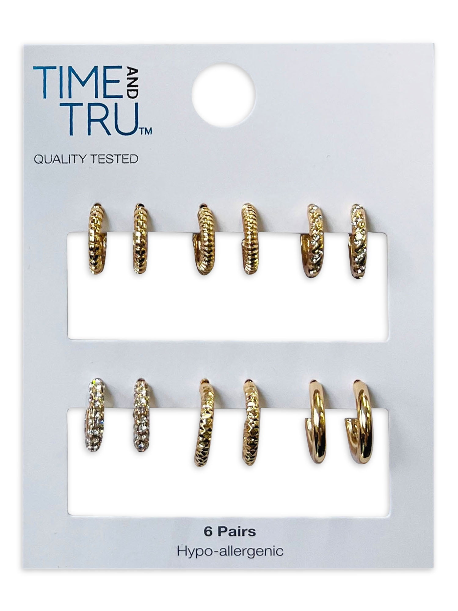 Time and Tru Pave Stones Gold Plated Earrings with Bullet Backs, 6 Pack