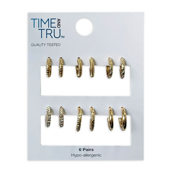 Time and Tru Pave Stones Gold Plated Earrings with Bullet Backs, 6 Pack