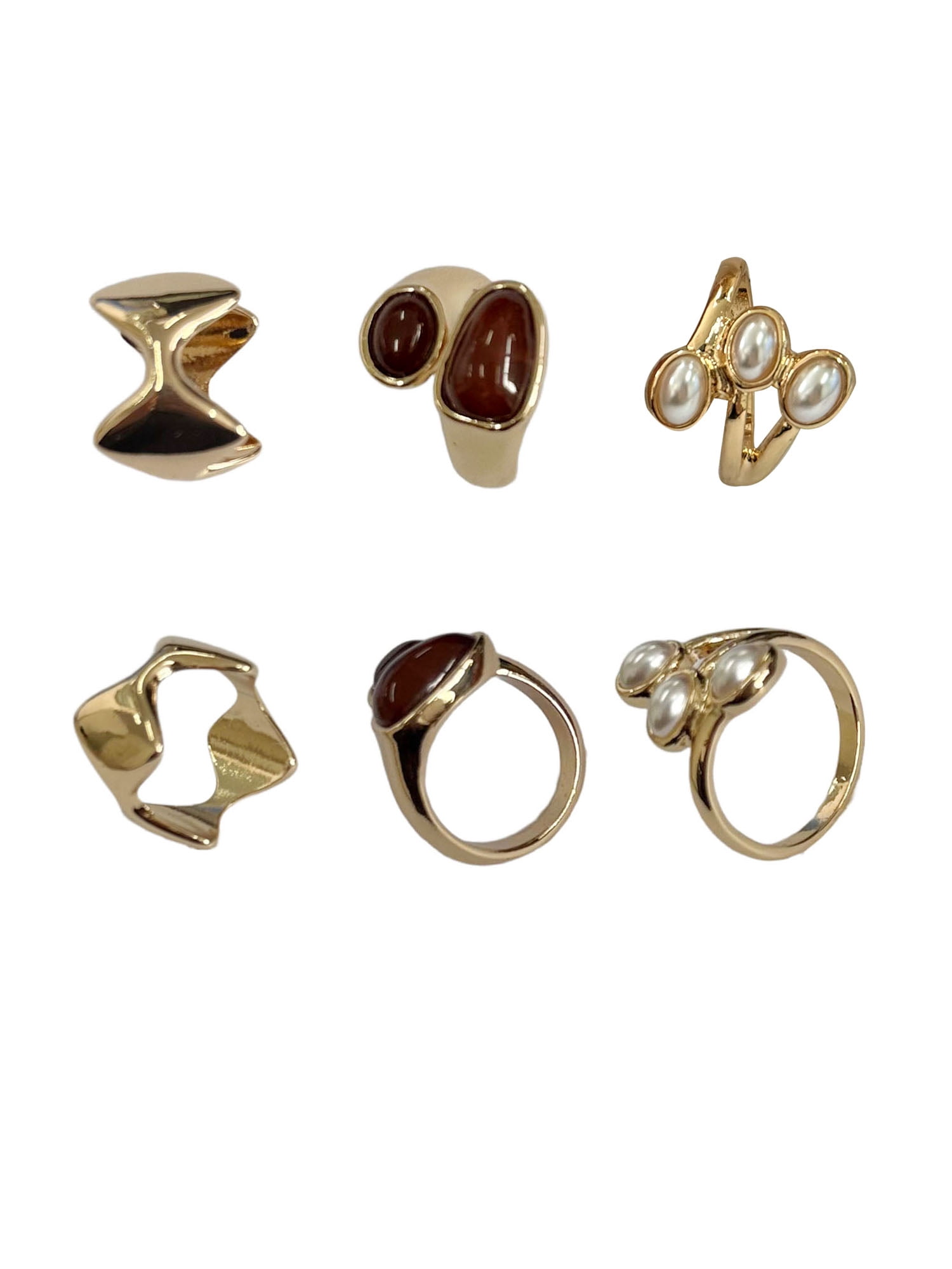 Time and Tru Pearl and Stone Rings Brown in Gold Plating for Female Adults and Teens, 3 Pack