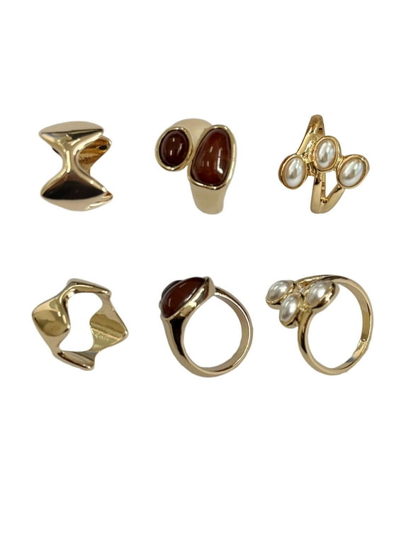 Pearl and Stone Rings Brown in Gold Plating for Female Adults and Teens, 3 Pack