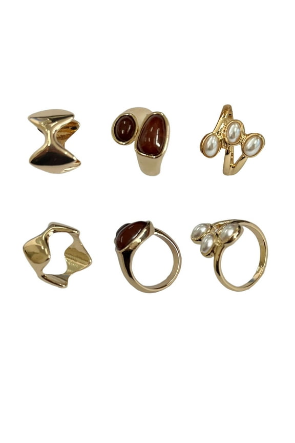 Pearl and Stone Rings Brown in Gold Plating for Female Adults and Teens, 3 Pack