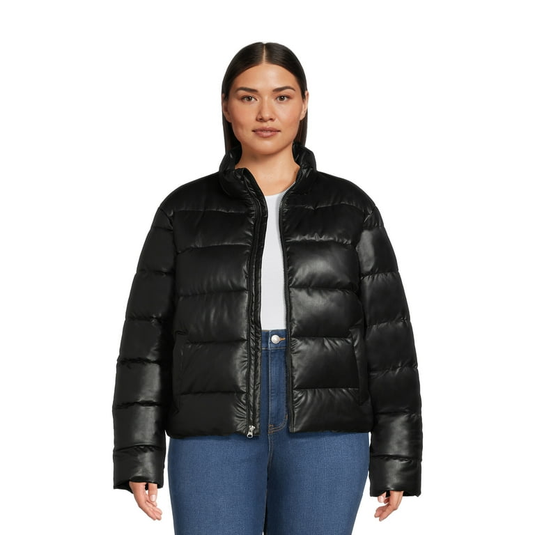 FAUX LEATHER PUFFER JACKET - Black