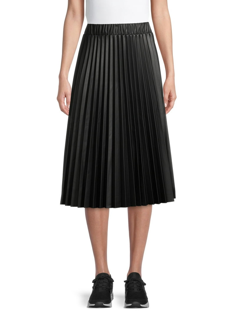 Time and Tru Women's Pleated A-line Midi Skirt, Elastic Waistband