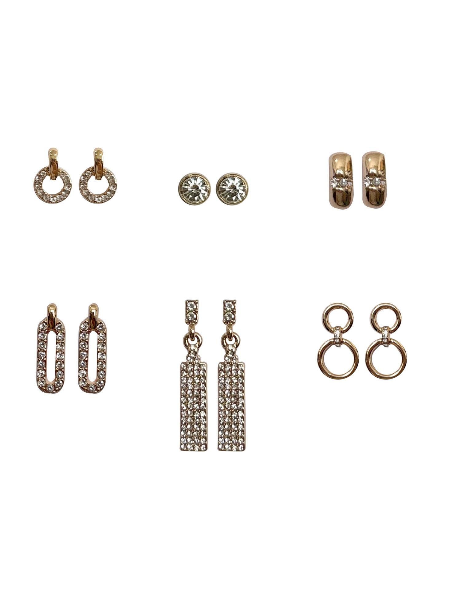 Time and Tru Women's Gold Plating Rhinestone Earrings on Ornament Shaped Card, 6 Pack