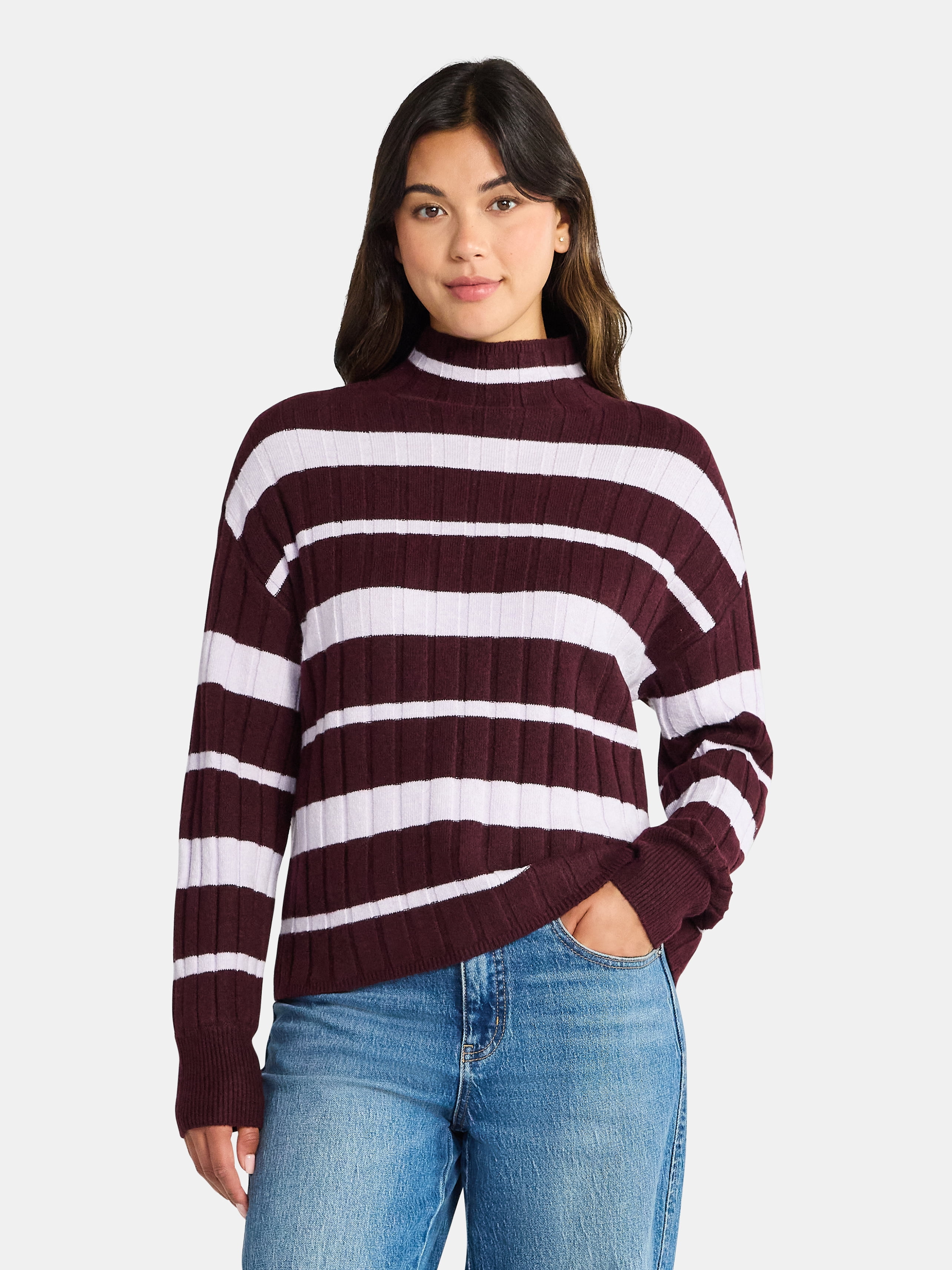 Time and Tru Women's Ribbed Mock Neck Sweater, Lightweight, Sizes XS-XXXL