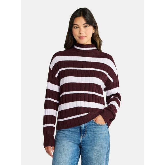 Time and Tru Women's Ribbed Mock Neck Sweater, Lightweight, Sizes XS-XXXL