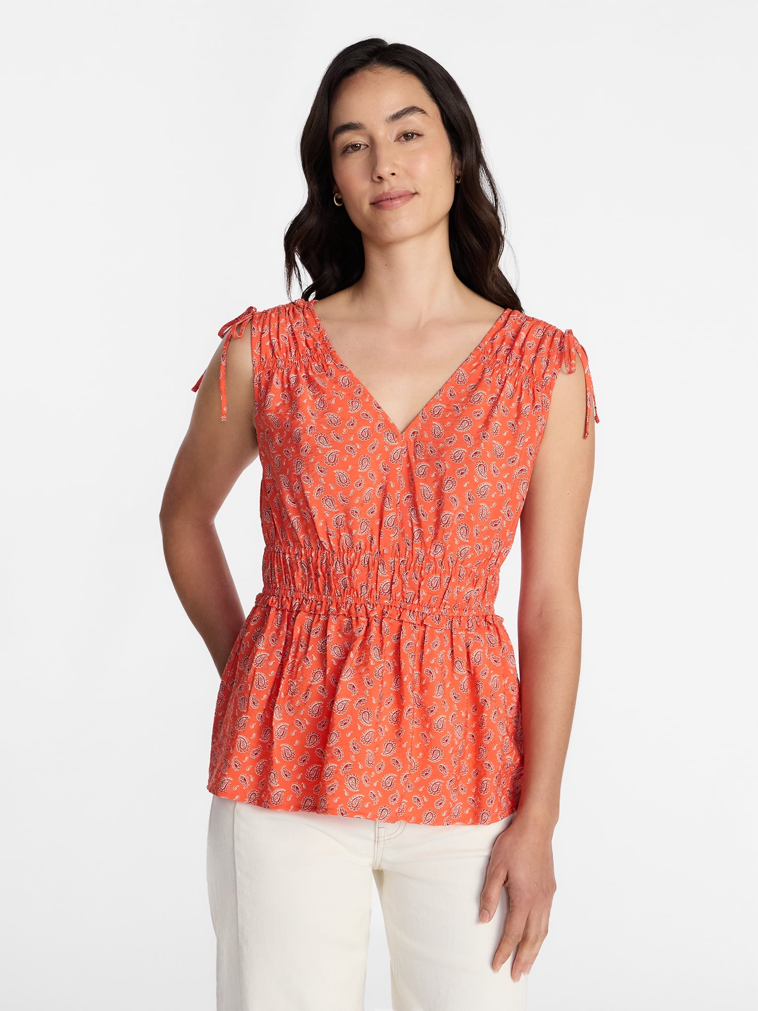Time and Tru Women's Ruched Tie Shoulder Top, Sizes XS-XXXL