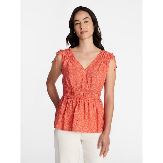 Time and Tru Women's Ruched Tie Shoulder Top, Sizes XS-XXXL