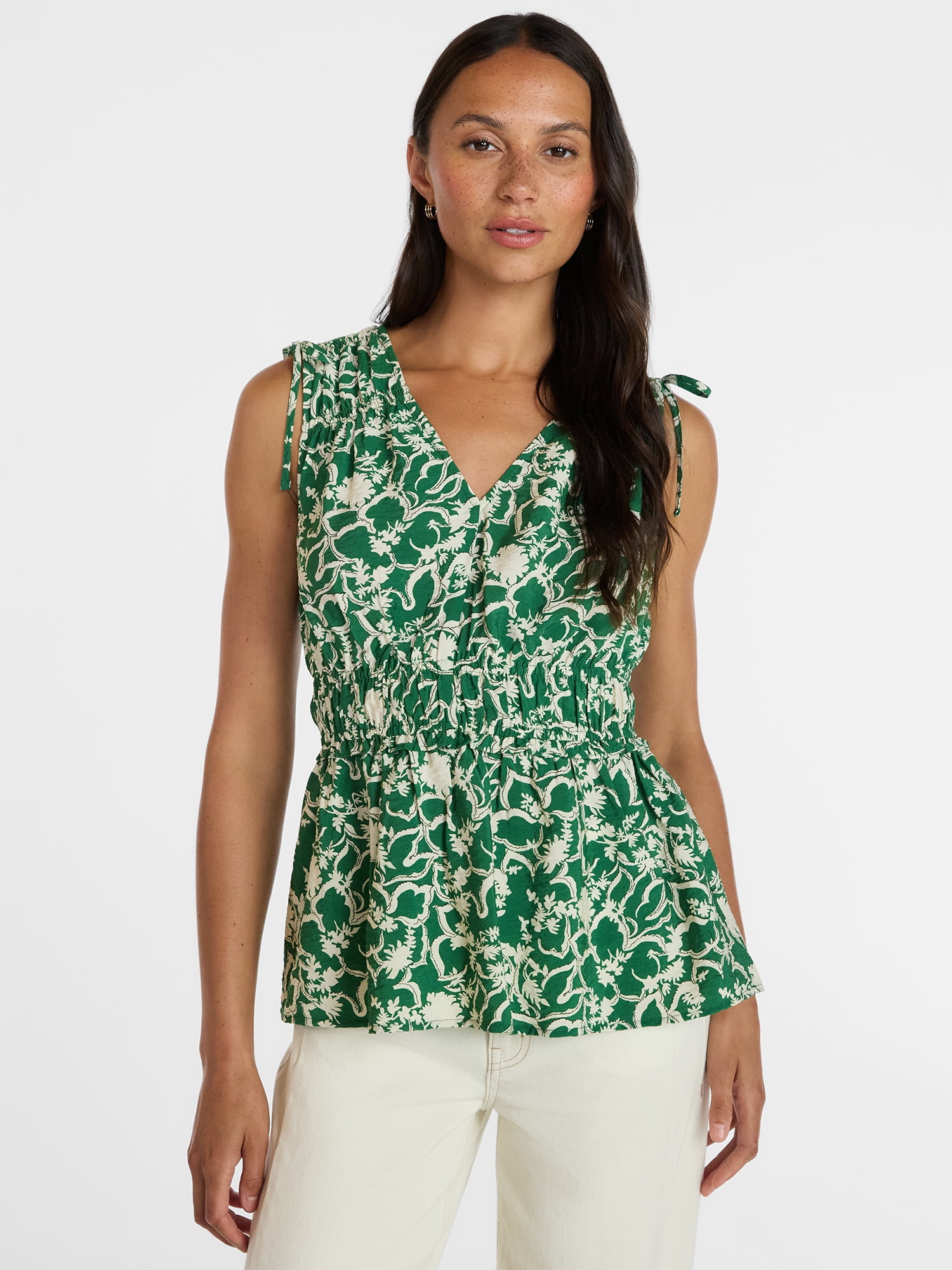 Time and Tru Women's Ruched Tie Shoulder Top, Sizes XS-XXXL