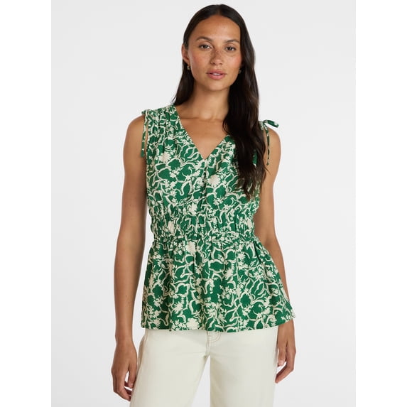 Time and Tru Women's Ruched Tie Shoulder Top, Sizes XS-XXXL