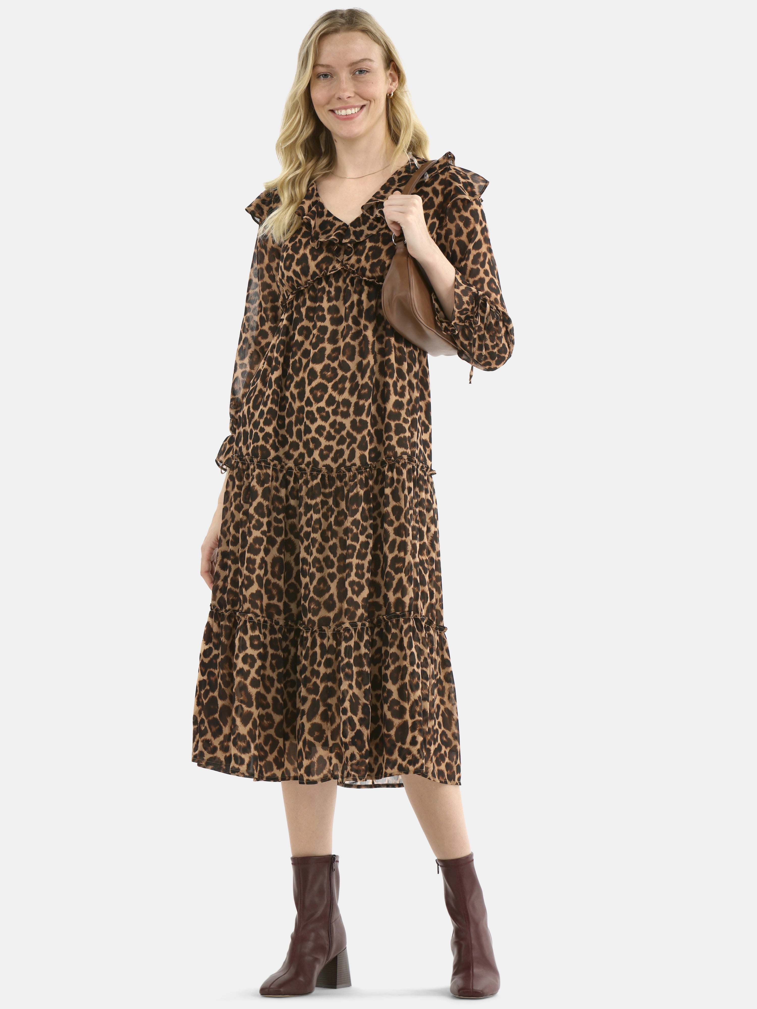 Time and Tru Women's and Women's Plus Ruffle Tiered Midi Dress with Long Sleeves, Sizes XS-4X