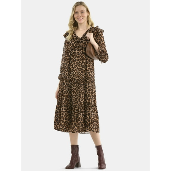 Time and Tru Women's and Women's Plus Ruffle Tiered Midi Dress with Long Sleeves, Sizes XS-4X