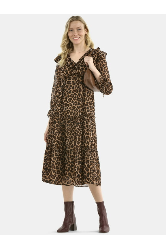 Women's and Women's Plus Ruffle Tiered Midi Dress with Long Sleeves, Sizes XS-4X