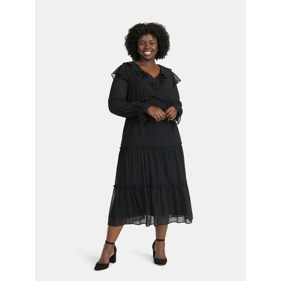 Time and Tru Women's and Women's Plus Ruffle Tiered Midi Dress with Long Sleeves, Sizes XS-4X