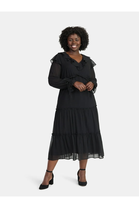 Women's and Women's Plus Ruffle Tiered Midi Dress with Long Sleeves, Sizes XS-4X