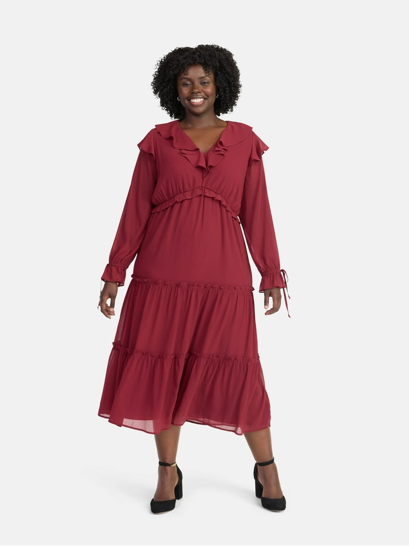 Time and Tru Women's and Women's Plus Ruffle Tiered Midi Dress with Long Sleeves, Sizes XS-4X - Walmart.com Time and Tru Women's and Women's Plus Ruffle Tiered Midi Dress with Long Sleeves, Sizes XS-4X - Walmart.com