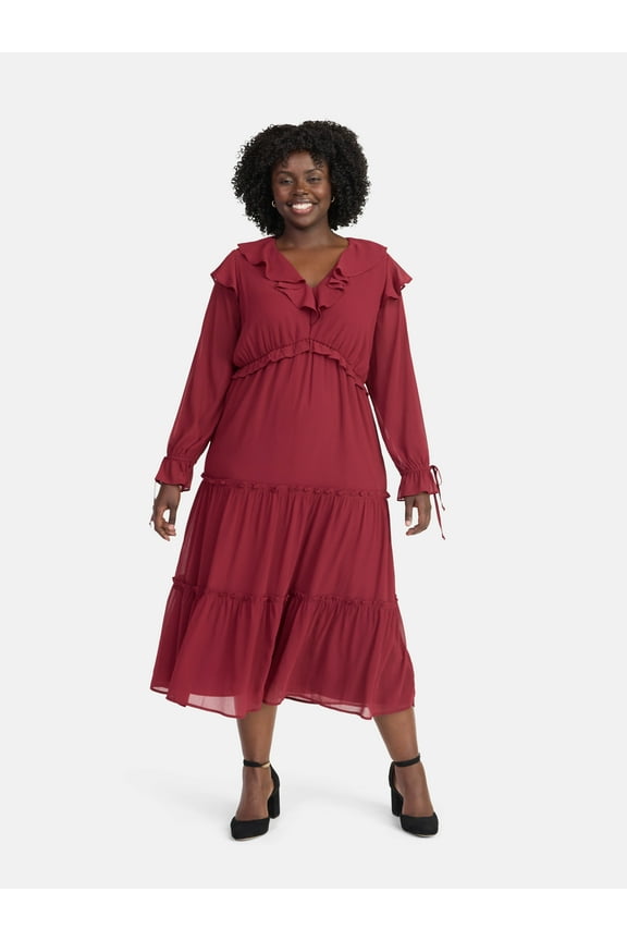 Women's and Women's Plus Ruffle Tiered Midi Dress with Long Sleeves, Sizes XS-4X