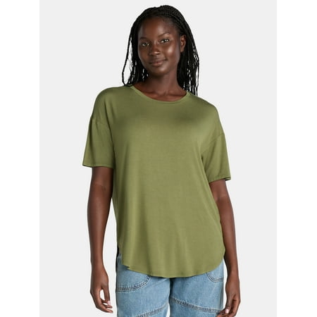 Time and Tru Women’s Crewneck Tunic Tee with Short Sleeves, Sizes XS-XXXL