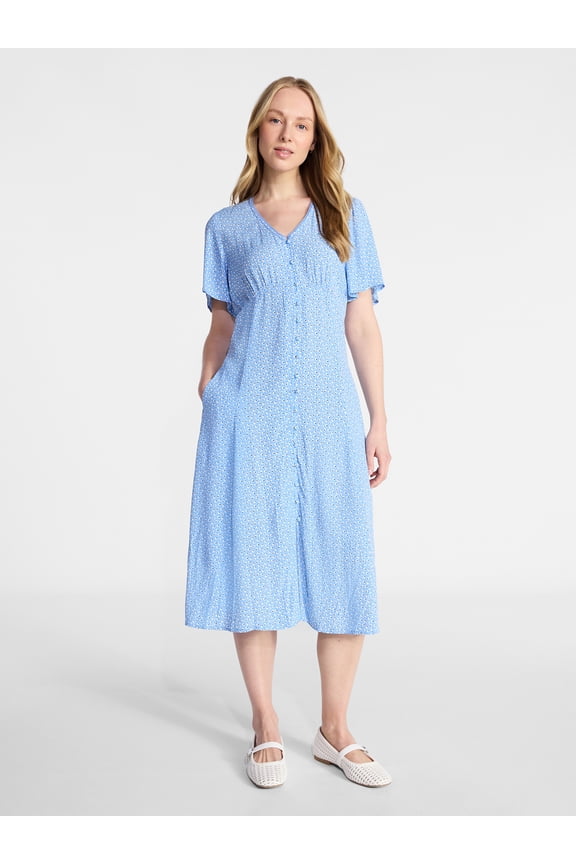 Women's Empire Waist Midi Dress with Short Sleeves, Sizes XS-XXXL