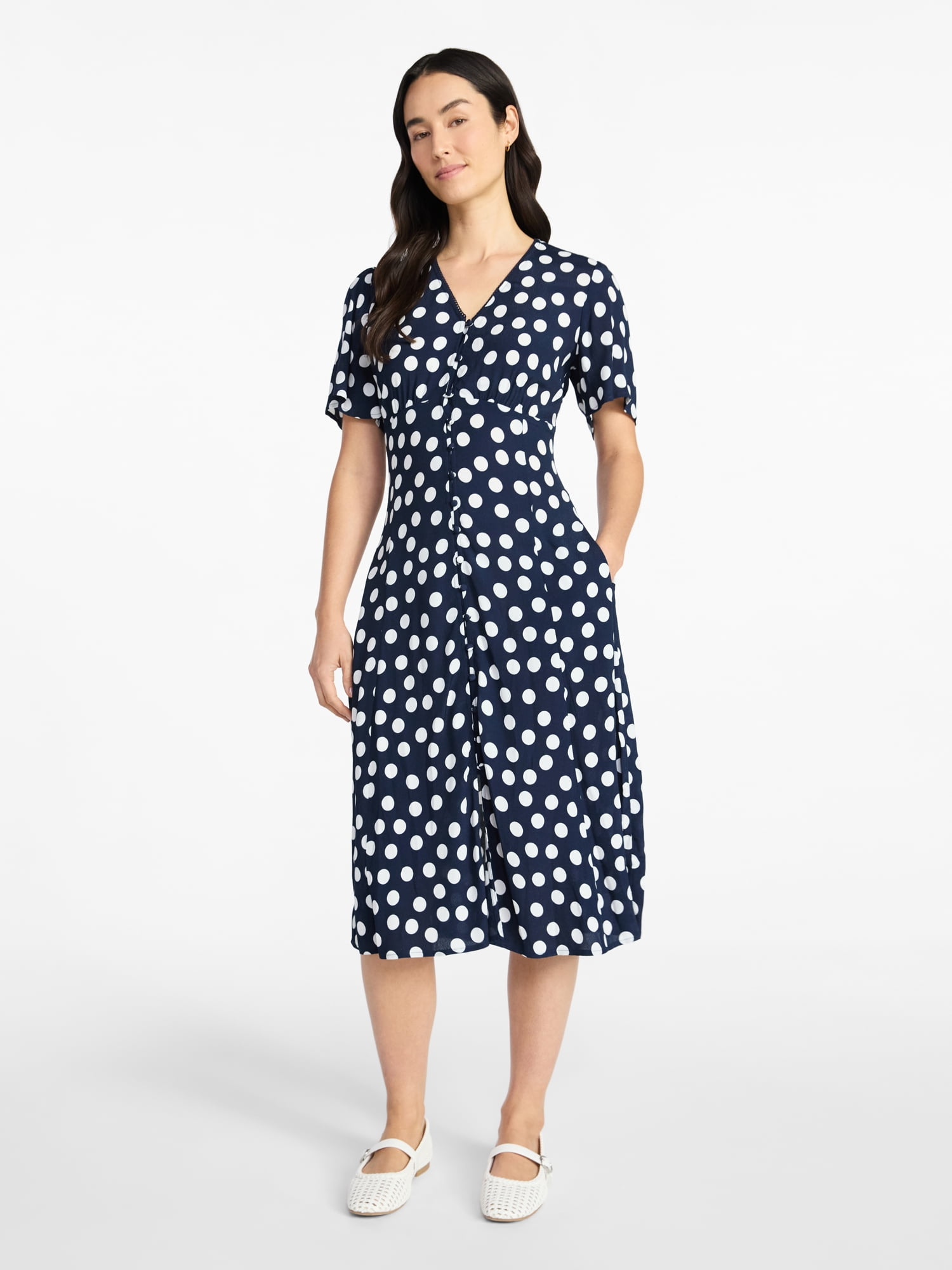 Time and Tru Women's Empire Waist Midi Dress with Short Sleeves, Sizes XS-XXXL