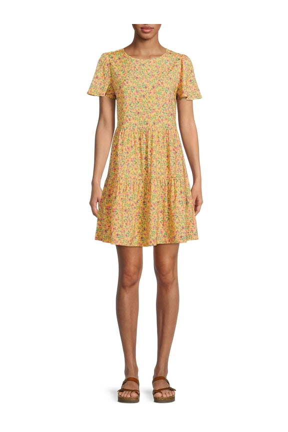 Short Sleeve Printed Woven Mini Dress for Women