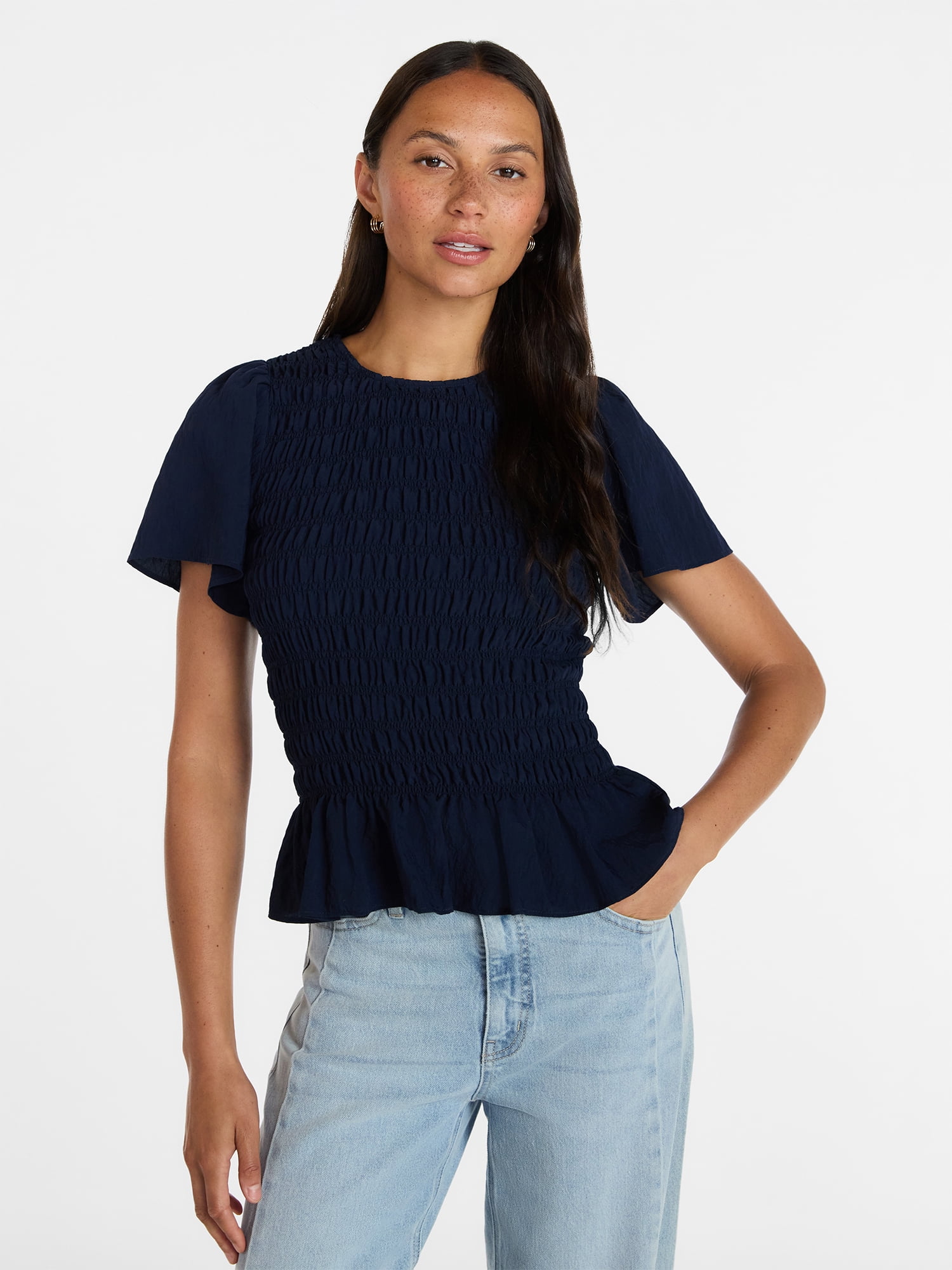 Time and Tru Women's Smocked Top with Peplum Hem, Sizes XS-XXXL