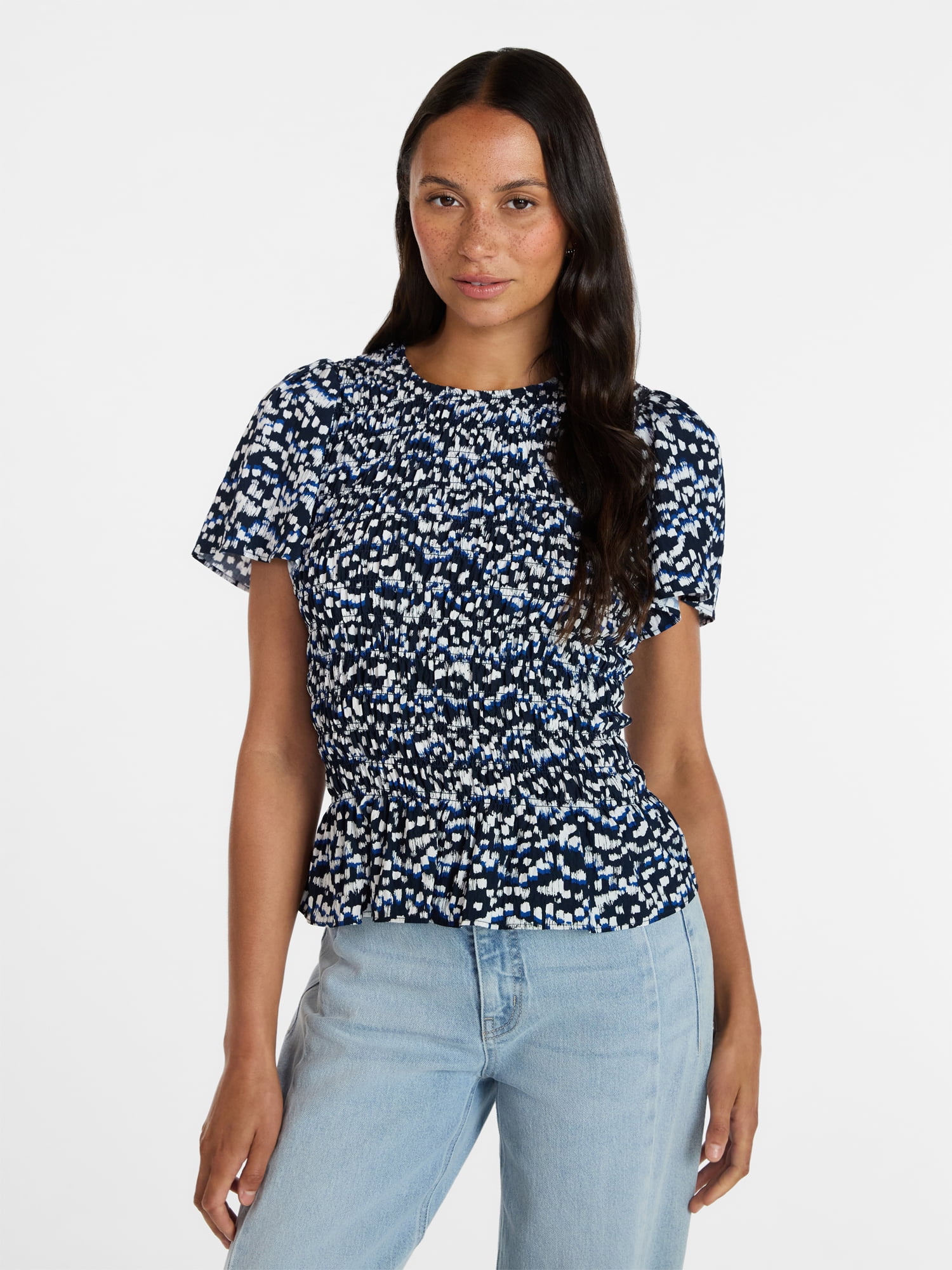 Time and Tru Women's Smocked Top with Short Puff Sleeves, Sizes XS-XXXL