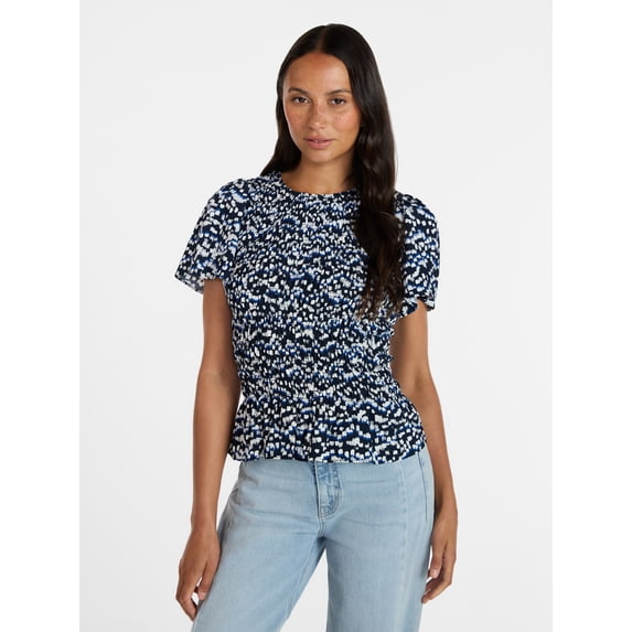 Time and Tru Women's Smocked Top with Short Puff Sleeves, Sizes XS-XXXL
