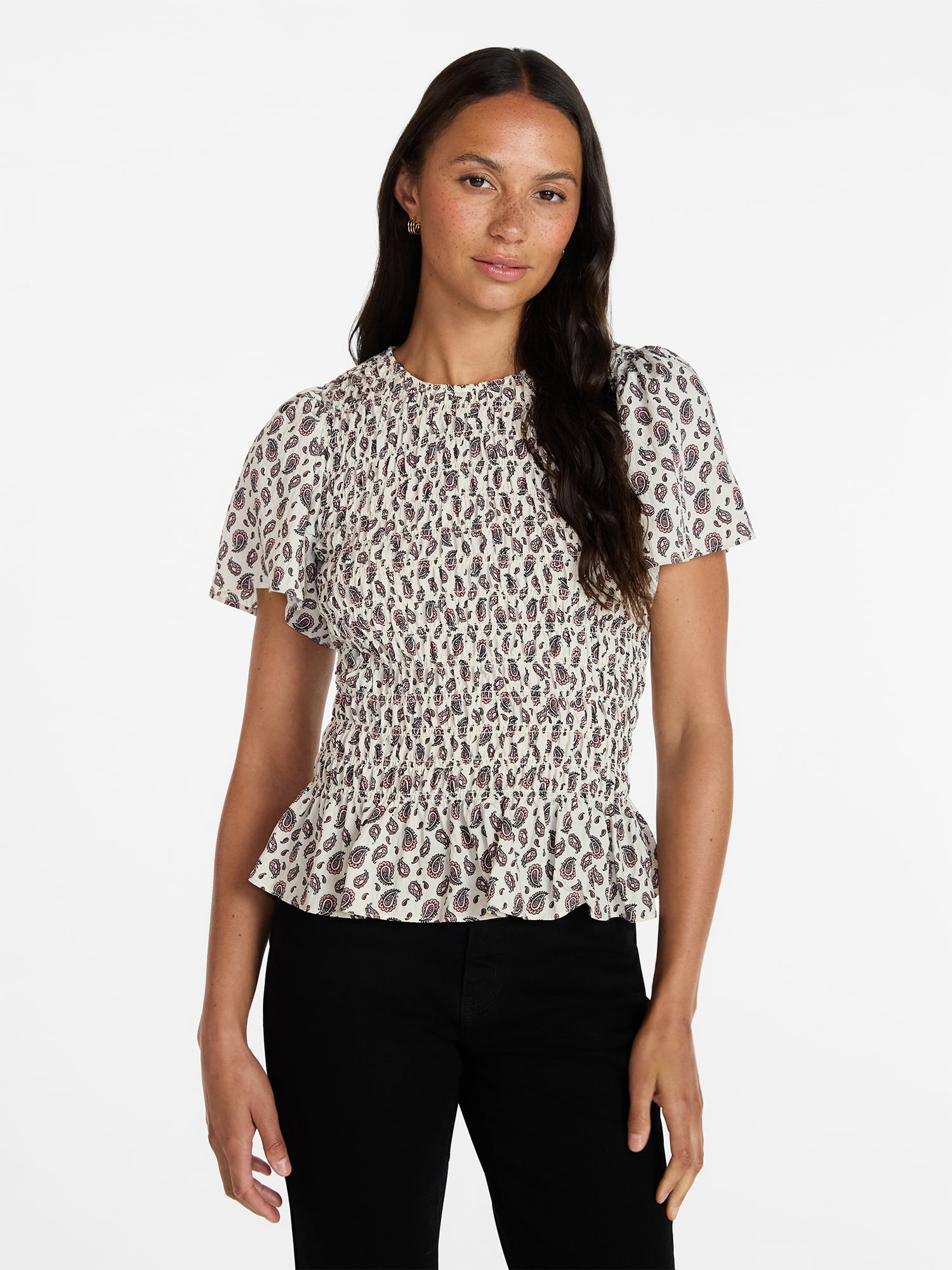 Time and Tru Women's Smocked Top with Short Puff Sleeves, Sizes XS-XXXL