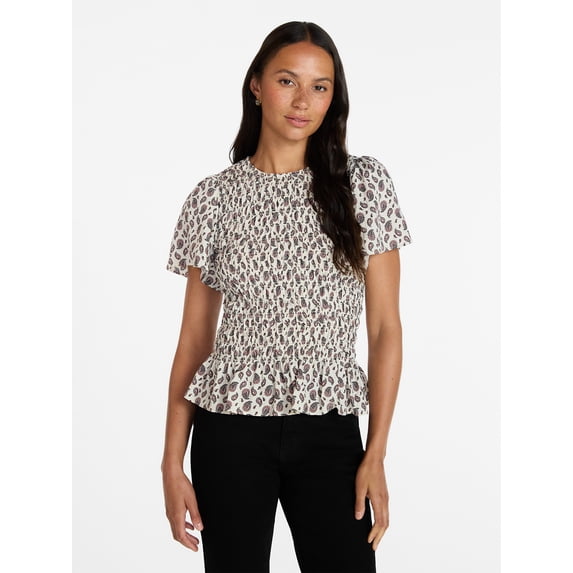 Time and Tru Women's Smocked Top with Short Puff Sleeves, Sizes XS-XXXL