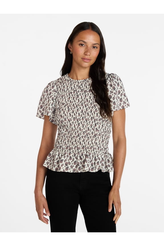 Women's Smocked Top with Short Puff Sleeves, Sizes XS-XXXL