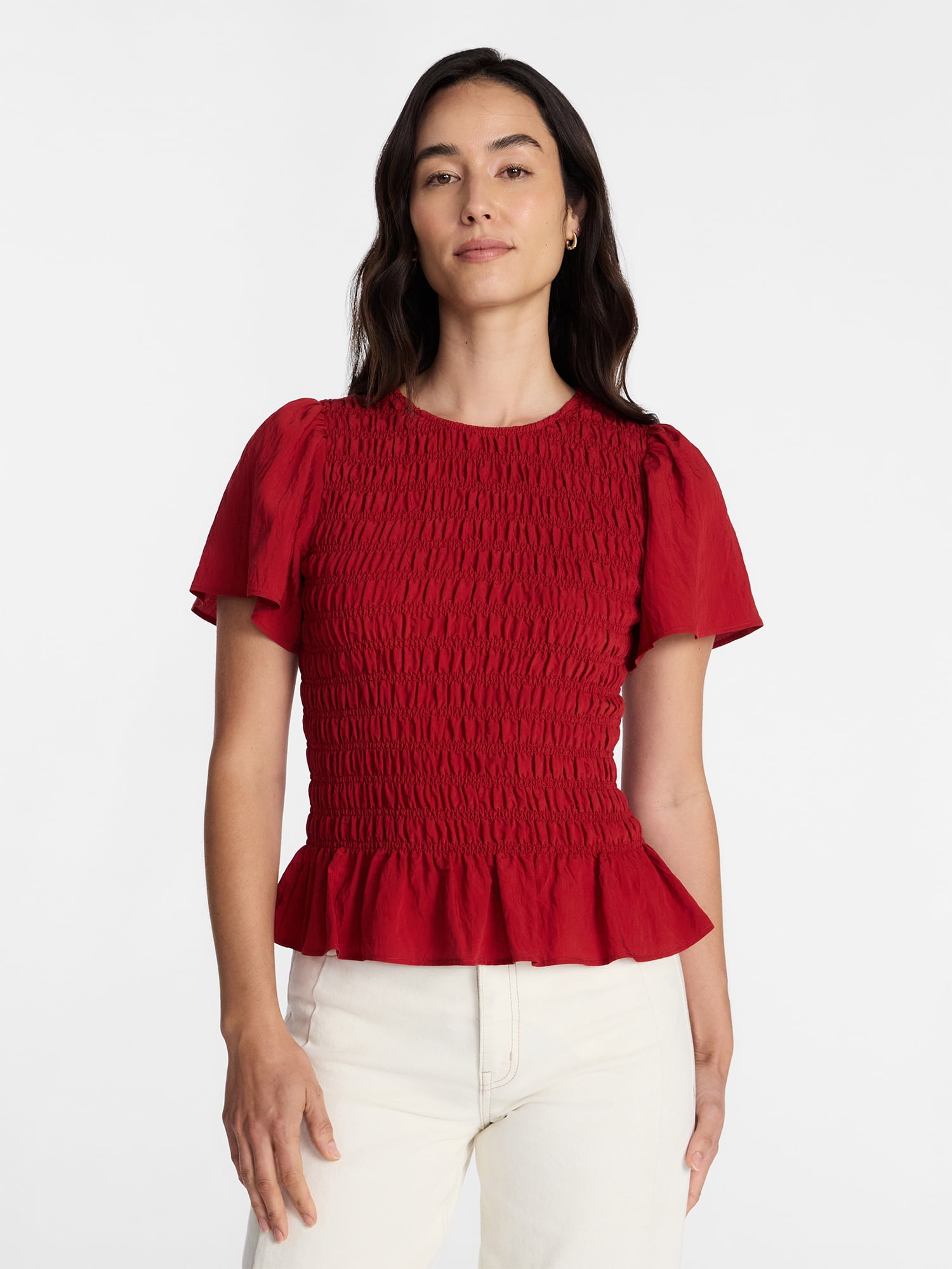 Time and Tru Women's Smocked Top with Short Puff Sleeves, Sizes XS-XXXL