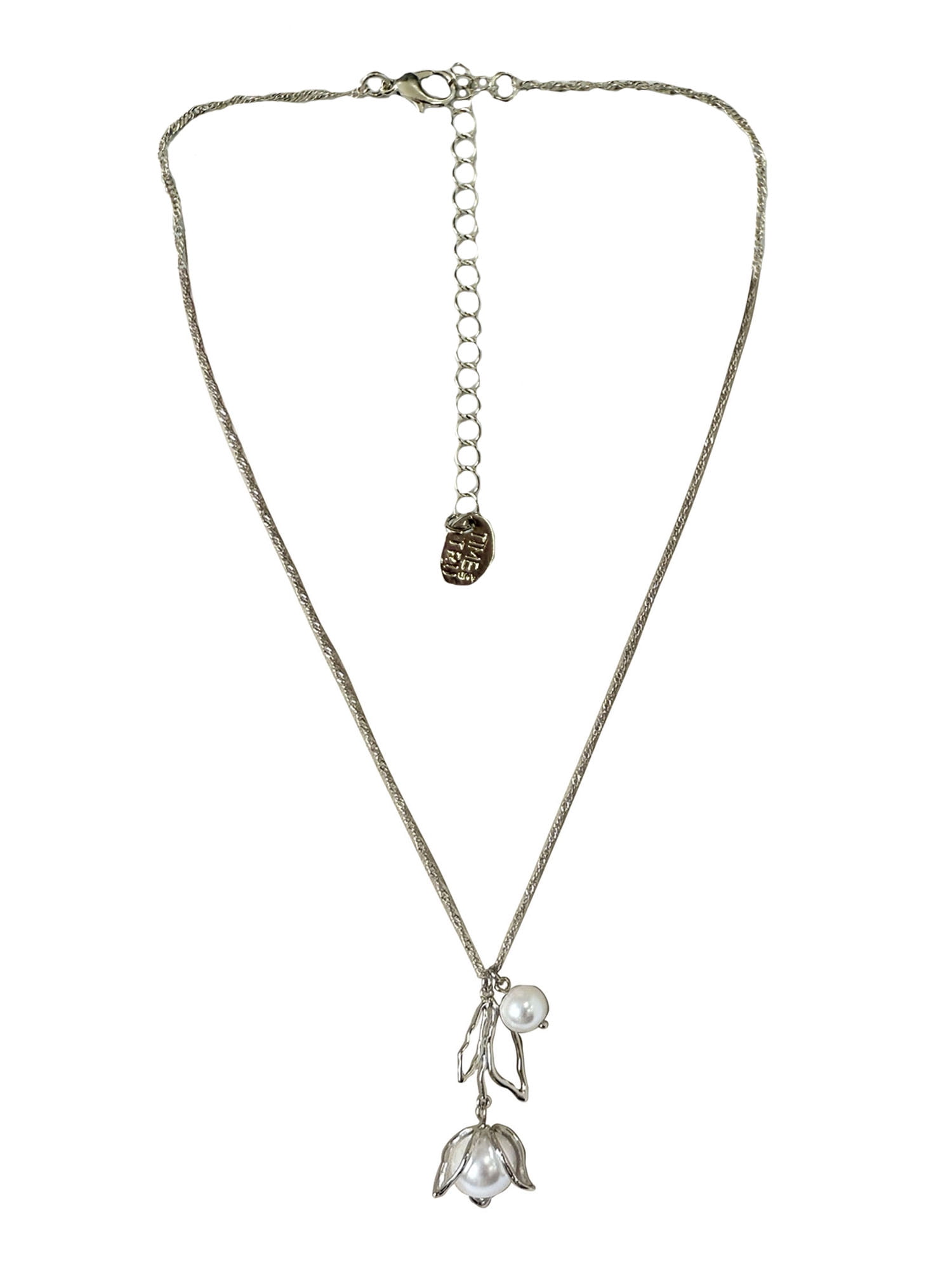 Time and Tru Silver Plated Tulip and Pearl Drop Necklace for Female Adults and Teens