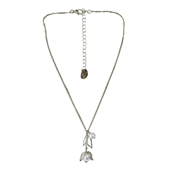 Time and Tru Silver Plated Tulip and Pearl Drop Necklace for Female Adults and Teens
