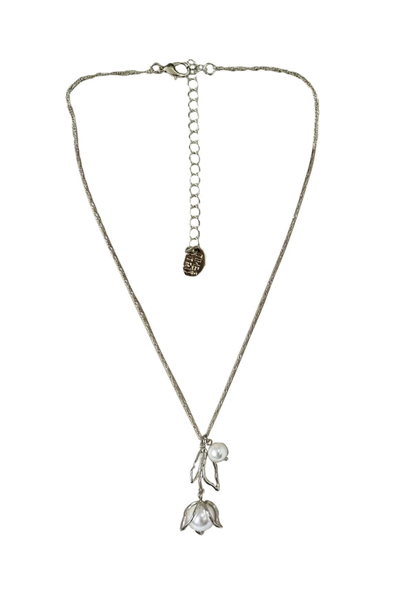 Silver Plated Tulip and Pearl Drop Necklace for Female Adults and Teens