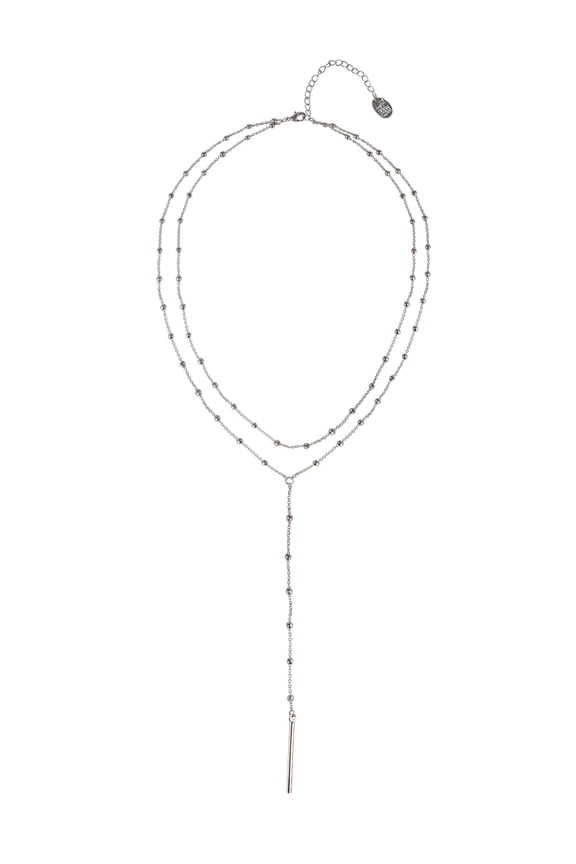 Silvertone 2 Row Flat Oval Chain Chain with Bar Y-Necklace