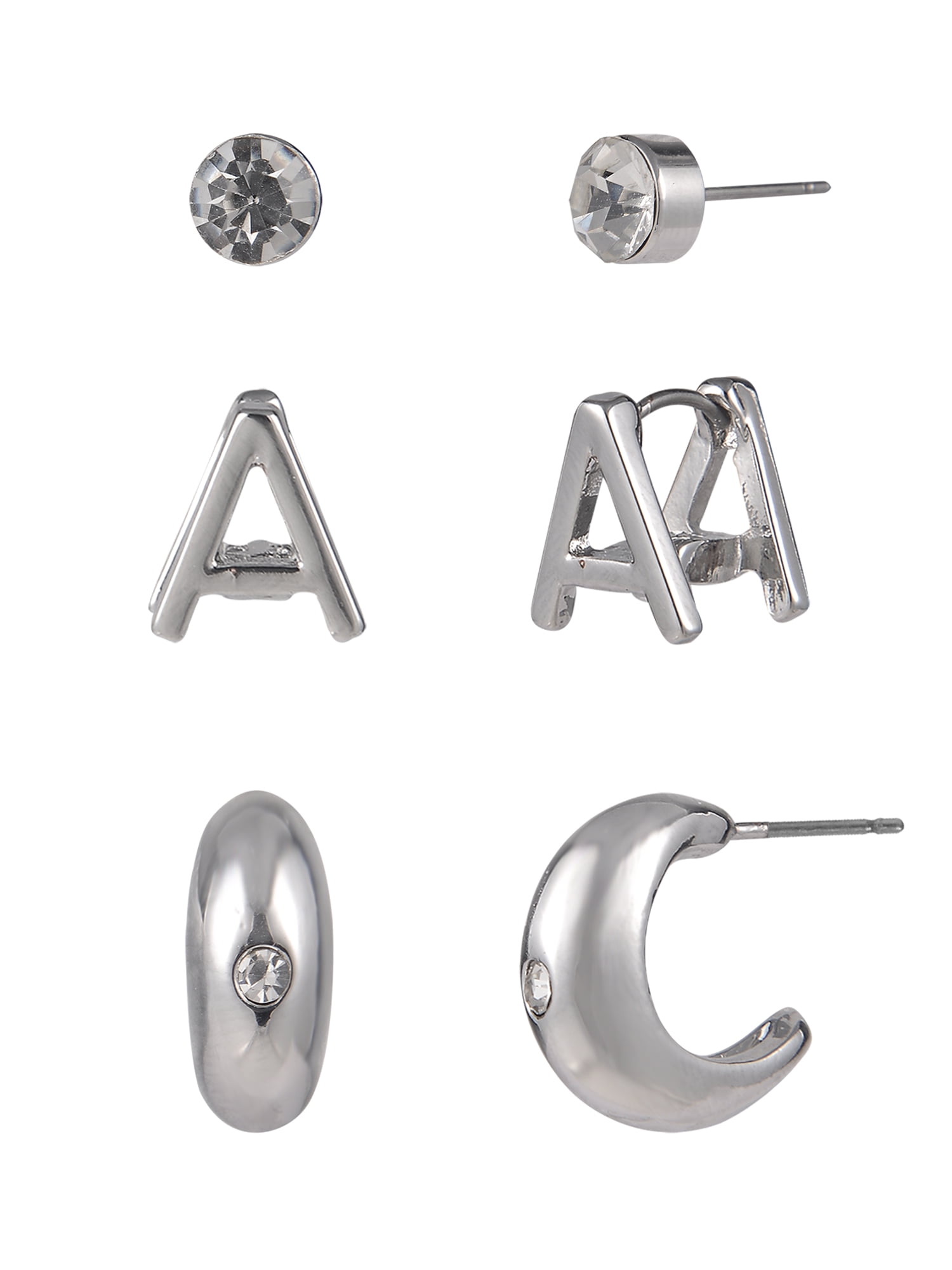 Silvertone 3-On Crystal Stud, Hoop, Initial "A" Earring Set