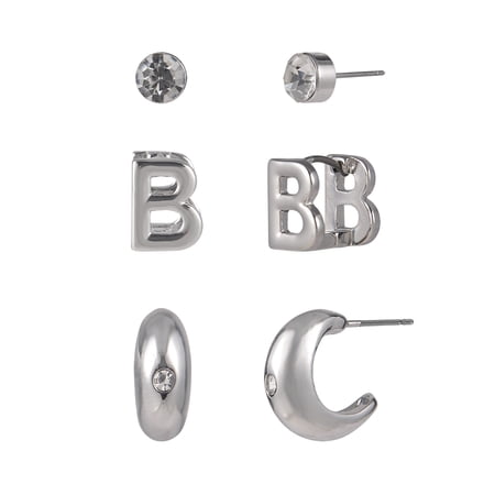 Time and Tru Silvertone 3-On Crystal Stud, Hoop, Initial "B" Earring Set