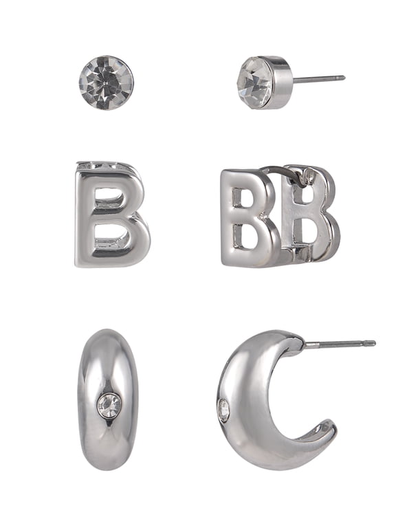 Silvertone 3-On Crystal Stud, Hoop, Initial "B" Earring Set