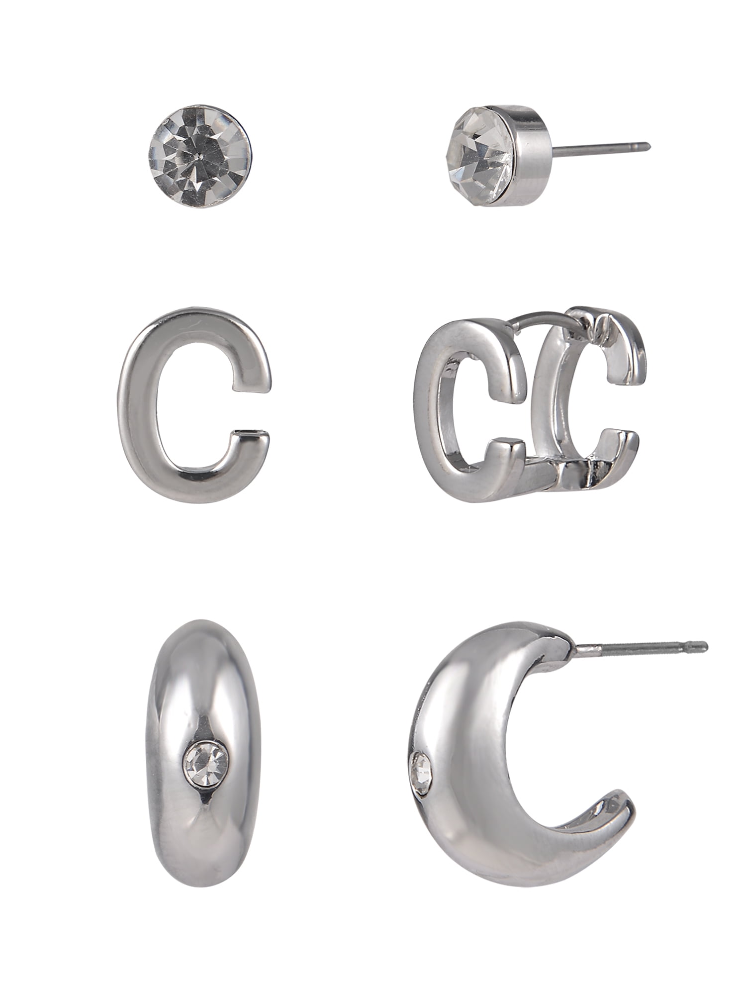 Time and Tru Silvertone 3-On Crystal Stud, Hoop, Initial "C" Earring Set