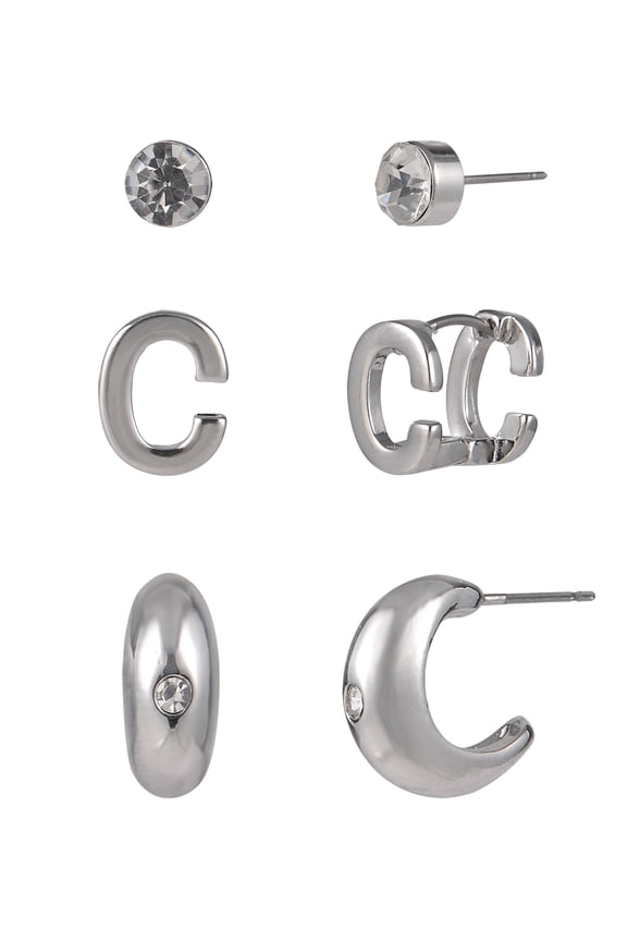 Silvertone 3-On Crystal Stud, Hoop, Initial "C" Earring Set