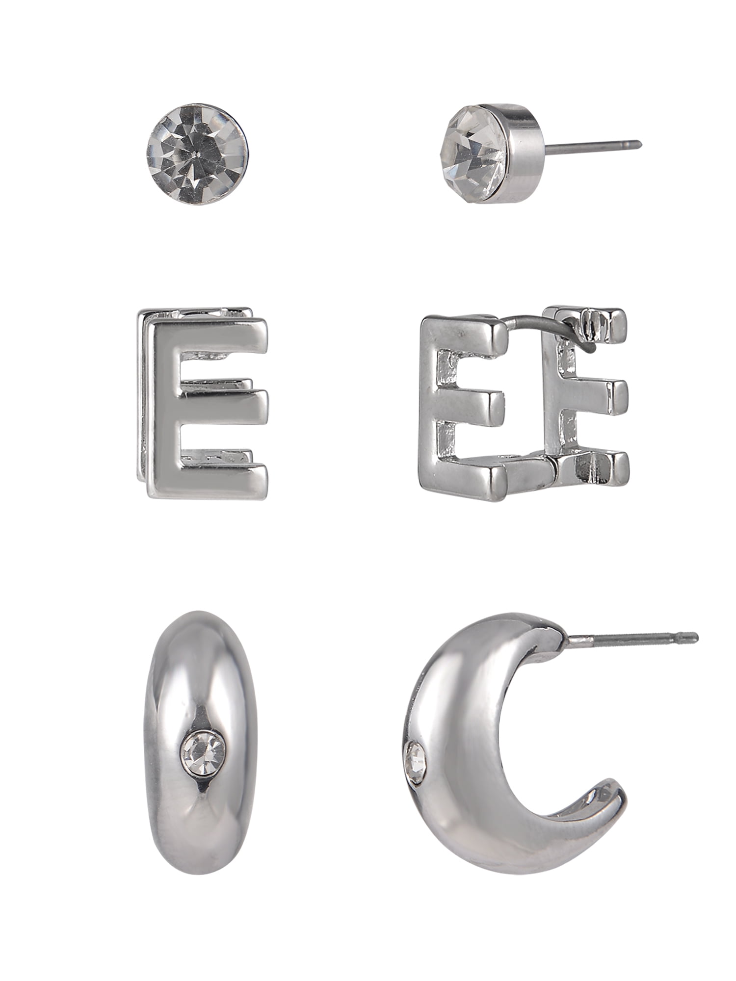 Time and Tru Silvertone 3-On Crystal Stud, Hoop, Initial "E" Earring Set